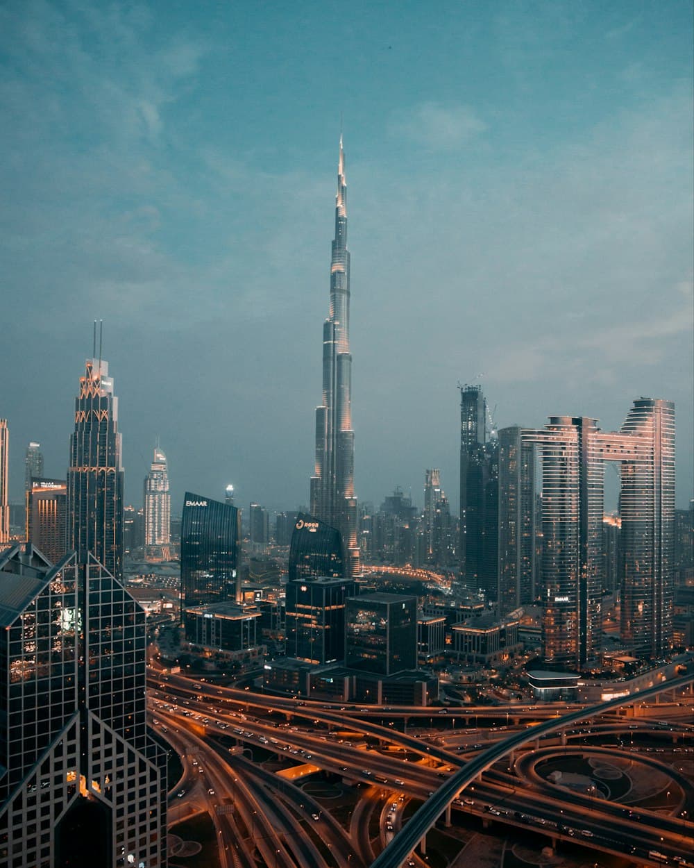 Dubai downtown skyline at dusk with the Burj Khalifa